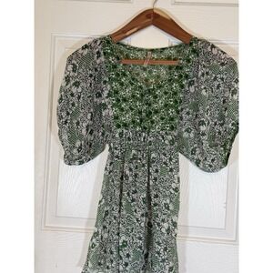 Pretty Good Small Green Boho Sheer Blouse Puff Sleeve Overlay‎ Buttons Floral